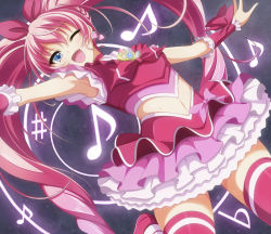 Rule 34 | 10s, 1girl, :d, armpits, arms up, blue eyes, blush, bow, cure melody, earrings, fang, grey background, houjou hibiki, jewelry, long hair, magical girl, musical note, navel, one eye closed, open mouth, pink bow, pink hair, pink thighhighs, precure, smile, solo, suite precure, thighhighs, twintails, violetshit, wink, zettai ryouiki