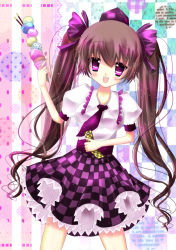 Rule 34 | 1girl, bad anatomy, blush, breasts, brown hair, cellphone, checkered clothes, checkered skirt, female focus, food, hat, himekaidou hatate, ice cream, long hair, necktie, phone, poorly drawn, purple eyes, skirt, small breasts, solo, tokin hat, touhou, twintails, yuumi neiro