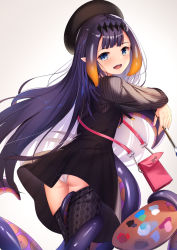 Rule 34 | 1girl, ass, black dress, black hat, black thighhighs, blue eyes, blush, commentary request, dress, floating hair, from behind, hat, highres, hololive, hololive english, long hair, looking at viewer, looking back, ninomae ina&#039;nis, ninomae ina&#039;nis (casual), official alternate costume, open mouth, panties, pantyshot, pink bag, pointy ears, purple hair, smile, solo, striped, teeth, tentacle hair, tentacles, thighhighs, underwear, upper teeth only, very long hair, virtual youtuber, white panties, yan (nicknikg)