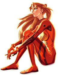 Rule 34 | 1girl, ass, blue eyes, bodysuit, breasts, brown hair, coreymill, floating hair, full body, gloves, hair ornament, highres, lips, long hair, medium breasts, neon genesis evangelion, pilot suit, plugsuit, red bodysuit, shiny clothes, simple background, sitting, skin tight, solo, souryuu asuka langley, white background, wide hips