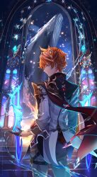 Rule 34 | 1boy, black gloves, blue eyes, closed mouth, earrings, from side, gem, genshin impact, gloves, grey pants, hair between eyes, highres, jacket, jewelry, looking at viewer, looking back, male focus, orange hair, pants, profile, red gemstone, short hair, solo, stained glass, standing, tartaglia (genshin impact), touming tomei, whale, white jacket