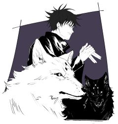 1boy buttons closed_mouth dog dog_shadow_puppet eyelashes fushiguro_megumi hair_between_eyes hands_up high_collar highres jujutsu_kaisen long_sleeves looking_to_the_side male_focus monochrome rami_rz school_uniform shadow_puppet short_hair spiked_hair