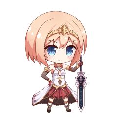 Rule 34 | 1girl, blue eyes, blush, breasts, chibi, closed mouth, fingerless gloves, full body, gloves, hand on hilt, hand on own hip, highres, holding, holding sword, holding weapon, looking at viewer, orange hair, original, red gloves, short hair, small breasts, smile, solo, standing, sword, teraguchi, weapon