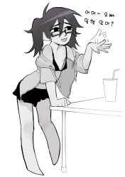 Rule 34 | 1boy, absurdres, ahoge, alternate hair length, alternate hairstyle, arm support, barefoot, bnm6517, boxer briefs, bra, commentary request, crossdressing, cup, drinking straw, gideon gordon graves, glasses, greyscale, highres, hood, hoodie, korean commentary, korean text, long hair, male focus, male underwear, monochrome, open clothes, open hoodie, open mouth, oversized breast cup, ponytail, scott pilgrim (series), simple background, sketch, smile, solo, table, translation request, trap, underwear, white background