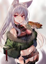 Rule 34 | 1girl, animal ears, armpit crease, bare shoulders, belt, belt pouch, black shorts, black thighhighs, breasts, cowboy shot, crop top, cropped jacket, cutoffs, food, fur-trimmed jacket, fur trim, garter straps, green jacket, groin, hand up, highres, holding, holding food, hot dog, jacket, kawachi rin, large breasts, long hair, long sleeves, looking at viewer, micro shorts, midriff, multiple belts, navel, off-shoulder jacket, off shoulder, original, parted lips, pouch, puffy sleeves, red eyes, red shirt, sandwich, shirt, shorts, silver hair, sleeveless, sleeveless shirt, sleeveless turtleneck, solo, standing, stomach, striped clothes, striped shirt, tail, thighhighs, thighs, turtleneck, wolf ears, wolf girl, wolf tail, zipper