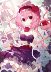 Rule 34 | 1girl, :o, absurdres, alternate costume, bare shoulders, black dress, book, cake, cake slice, choker, commentary, cowboy shot, cup, dress, floral print, flower, food, frilled hairband, frills, hairband, highres, holding, holding cup, komeiji satori, littlepeace, looking at viewer, medium hair, off-shoulder dress, off shoulder, open book, open mouth, orange eyes, pink hair, purple choker, purple dress, red flower, red rose, rose, rose print, sleeveless, sleeveless dress, solo, symbol-only commentary, teacup, third eye, tiered tray, touhou