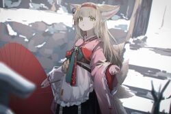 Rule 34 | 1girl, animal ear fluff, animal ears, apron, arknights, black hakama, blonde hair, chinese knot, coin purse, commentary, cowboy shot, flower, fox ears, fox girl, fox tail, frilled apron, frills, green eyes, hair flower, hair ornament, hairband, hakama, hakama skirt, highres, holding, holding umbrella, japanese clothes, kimono, kitsune, kyuubi, long sleeves, looking up, multiple tails, obi, official alternate costume, oil-paper umbrella, outdoors, parted lips, pink kimono, pinwheel, red hairband, red umbrella, sash, skirt, solo, suzuran (arknights), suzuran (yukibare) (arknights), tail, tassel, teay (ttttteay), umbrella, waist apron, white apron, wide sleeves, yagasuri