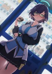 Rule 34 | 1girl, absurdres, blue archive, blue cardigan, blue hair, blue necktie, breasts, can, canned coffee, cardigan, chihiro (blue archive), drink can, dutch angle, glasses, green eyes, highres, jacket, large breasts, necktie, pleated skirt, skirt, umibudou, vending machine, watch, wristwatch