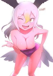 Rule 34 | 1girl, ;d, bald eagle (kemono friends), bare arms, bare shoulders, bird girl, bird tail, blonde hair, breasts, cleavage, collarbone, commentary, gradient hair, hair between eyes, hand on own hip, head wings, highres, kemono friends, leaning forward, long hair, looking at viewer, masuyama ryou, medium breasts, multicolored hair, one-piece swimsuit, one eye closed, open mouth, purple one-piece swimsuit, simple background, smile, solo, swimsuit, tail, white background, white hair, wings, yellow eyes