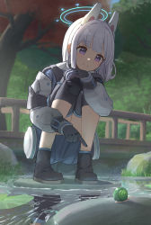 Rule 34 | 1girl, absurdres, animal, black gloves, blue archive, blue jacket, blue skirt, blush, closed mouth, day, gloves, grey hair, halo, headgear, highres, hub (havu obi), jacket, knee pads, long sleeves, miyako (blue archive), outdoors, pleated skirt, puffy long sleeves, puffy sleeves, purple eyes, railing, reflection, skirt, smile, snail, solo, squatting, tree, water