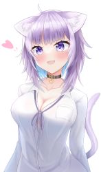 Rule 34 | 1girl, :3, absurdres, ahoge, animal collar, animal ear fluff, animal ears, arms at sides, black collar, blue hair, blush, breast pocket, breasts, button gap, cat ears, cat girl, cat tail, cleavage, collar, collarbone, collared shirt, colored inner hair, contrapposto, diagonal bangs, dress shirt, fang, heart, highres, hololive, hololive gamers, iio shiozawa, large breasts, lipgloss, long sleeves, looking at viewer, medium hair, messy hair, multicolored hair, naked shirt, neck ribbon, nekomata okayu, nekomata okayu (oversized shirt), no bra, open mouth, partially unbuttoned, pocket, purple eyes, purple hair, purple ribbon, ribbon, shirt, simple background, smile, solo, tail, two-tone hair, upper body, virtual youtuber, white background, white shirt, wing collar