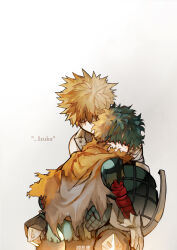 Rule 34 | 2boys, absurdres, alternate hair color, artist name, bakugou katsuki, bandaged arm, bandages, black pants, blonde hair, blush, bodysuit, boku no hero academia, cape, catching, character name, closed eyes, commentary request, curly hair, dirty, dirty clothes, gloves, gradient hair, green bodysuit, green gloves, green hair, grey gloves, hair between eyes, highres, jackeelart, knee pads, leaning on person, male focus, messy hair, midoriya izuku, multicolored hair, multiple boys, orange gloves, pale skin, pants, redrawn, short hair, simple background, single bare shoulder, sleeveless, spanish commentary, spiked hair, spoilers, standing, talking, torn cape, torn clothes, torn gloves, torn sleeve, two-tone gloves, underlighting, upper body, white background, yellow cape