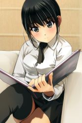 Rule 34 | 1girl, black hair, black necktie, black skirt, black thighhighs, blush, book, breasts, closed mouth, collared shirt, couch, expressionless, green eyes, head tilt, highres, long sleeves, looking at viewer, matsunaga kouyou, medium breasts, necktie, on couch, open book, original, reading, school uniform, shirt, short hair, single thighhigh, sitting, skirt, solo, tareme, thighhighs, white shirt, wing collar