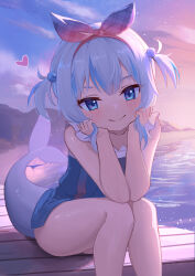 Rule 34 | 1girl, absurdres, beach, blue eyes, blue hair, blue skirt, blue sky, blush, bow, bow hairband, closed mouth, cloud, fins, fish tail, frilled sleeves, frills, gawr gura, gawr gura (casual), gradient skin, hair bobbles, hair ornament, hairband, hands on own cheeks, hands on own face, head rest, heart, highres, hirotaka0125, hololive, hololive english, looking at viewer, mountainous horizon, multicolored hair, ocean, official alternate costume, official alternate hairstyle, orange sky, outdoors, plaid, plaid bow, shark girl, shark tail, shirt, short hair, short sleeves, sidelocks, sitting, skirt, skirt set, sky, smile, sparkle, streaked hair, tail, thighs, twilight, two side up, virtual youtuber, water, white hair, white shirt