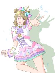 Rule 34 | 1girl, alternate hairstyle, aqua bow, artist name, artist request, back bow, bare legs, blush, bow, breasts, bridal garter, brown hair, cleavage, colorful festival (love live!), cross-laced clothes, cross-laced dress, crown, detached collar, double bun, double horizontal stripe, dress, earrings, epaulettes, feathers, female focus, frilled dress, frills, fur-trimmed dress, fur-trimmed jacket, fur-trimmed skirt, fur trim, gem, hair between eyes, hair bow, hair bun, hair ornament, heart, heart (symbol), heart earrings, heart print, highres, jacket, jewelry, koizumi hanayo, legwear garter, looking at viewer, love live!, love live! school idol festival, love live! school idol festival all stars, love live! school idol project, miniskirt, nail, nail polish, neckerchief, parted lips, pearl (gemstone), pink bow, pink nails, plaid, plaid dress, plaid skirt, pleated, pleated dress, pleated skirt, purple eyes, purple neckerchief, rainbow skirt, sash, short hair, short sleeves, single legwear garter, skirt, small breasts, smile, solo, sparkle hair ornament, star (symbol), star print, striped, striped bow, white background, white bow, white detached collar, white dress, white feathers, white jacket, white sleeves