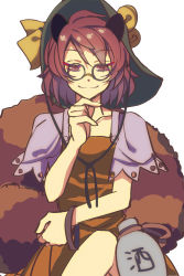 Rule 34 | 1girl, animal ears, bell, bottle, bow, bracelet, brown eyes, brown hair, closed mouth, crossed legs, dress, eyes visible through hair, futatsuiwa mamizou, glasses, green hat, hair between eyes, hand up, hat, hat bow, highres, jewelry, looking at viewer, nayozane (worker7), orange dress, raccoon ears, raccoon tail, short hair, short sleeves, simple background, sitting, smile, solo, tail, touhou, white background, white sleeves, yellow bow