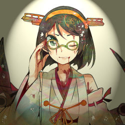 Rule 34 | 10s, 1girl, adjusting eyewear, aqua eyes, bad id, bad nicoseiga id, bare shoulders, black hair, blood, blood in mouth, blood on hands, blush, breasts, cannon, detached sleeves, glasses, green-framed eyewear, hairband, itomugi-kun, japanese clothes, kantai collection, kirishima (kancolle), nontraditional miko, personification, short hair, smile, solo, turret