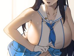 Rule 34 | 1girl, armpits, black hair, blue neckerchief, blue skirt, breasts, clothes lift, gloves, half gloves, head out of frame, huge breasts, invincible dragon (last origin), last origin, leaning forward, lifted by self, long hair, miniskirt, neckerchief, open mouth, panties, pinkboy, pleated skirt, revealing clothes, sailor collar, sideboob, skirt, skirt lift, smile, solo, string panties, sweat, underwear, very long hair, white gloves, white panties, white sailor collar