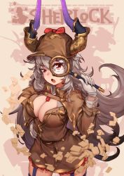 Rule 34 | 1girl, absurdres, atorosu, belt, bow, breasts, brown background, brown hat, brown shirt, brown skirt, detective, draph, english text, fang, garter straps, gloves, granblue fantasy, grey hair, hand on own hip, hat, highres, holding, horns, large breasts, long hair, long sleeves, looking at viewer, magnifying glass, open mouth, red bow, red eyes, shirt, skirt, solo, thighhighs, threo (granblue fantasy), very long hair, white gloves