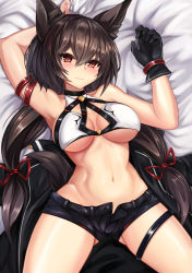Rule 34 | 1girl, absurdres, animal ears, armpits, arms up, bare shoulders, black gloves, black hair, black jacket, black shorts, breasts, breasts apart, closed mouth, crop top, fox ears, fox girl, fox tail, gloves, hair between eyes, halterneck, highres, jacket, large breasts, long hair, looking at viewer, midriff, navel, open fly, original, ryara, short shorts, shorts, single glove, sleeveless, smile, solo, tail, thigh strap