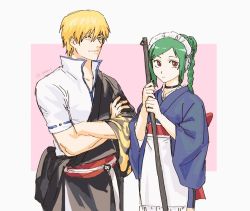 Rule 34 | 1boy, 1girl, apron, artist name, back bow, black choker, black eyes, black kimono, blonde hair, blue kimono, bow, braid, braided ponytail, choker, closed mouth, collarbone, cowboy shot, crossed arms, dated, frilled kimono, frills, gintama, godzillapigeon1, green hair, hands up, headphones, holding, holding mop, japanese clothes, jpeg artifacts, kimono, long hair, long sleeves, looking at viewer, looking to the side, maid, maid headdress, mop, off shoulder, outline, outside border, pink background, ponytail, red eyes, ribbon-trimmed sleeves, ribbon trim, sakata kintoki (gintama), sash, shirt, short hair, sidelocks, signature, simple background, single braid, sketch, standing, tama (gintama), waist apron, white apron, white outline, white shirt, wide sleeves