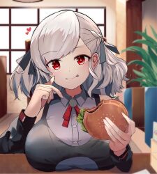 Rule 34 | 1girl, bare shoulders, black ribbon, black shirt, blue shirt, braid, breast rest, breasts, breasts on table, burger, collared shirt, detached sleeves, food, french braid, girls&#039; frontline, greyscale, hair ribbon, half updo, heart, highres, holding, holding burger, holding food, indoors, large breasts, long hair, looking at viewer, monochrome, red eyes, ribbon, shirt, sleeveless, sleeveless shirt, snnm hb, solo, spas-12 (girls&#039; frontline), swept bangs, table, twintails, wavy mouth, white hair