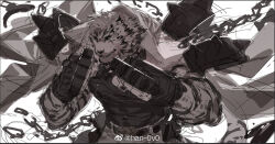 Rule 34 | 1boy, animal ears, arknights, brass knuckles, clenched hands, cowboy shot, fighting stance, furry, furry male, han-0v0, large pectorals, looking at viewer, male focus, mountain (arknights), muscular, muscular male, pectorals, scar, scar across eye, short hair, sketch, solo, thick eyebrows, tiger boy, tiger ears, weapon, white hair