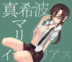 Rule 34 | 00s, 1girl, adjusting eyewear, blue eyes, breasts, brown hair, covered erect nipples, evangelion: 2.0 you can (not) advance, female focus, glasses, green eyes, headband, highres, large breasts, legs, low twintails, makinami mari illustrious, nagy, necktie, neon genesis evangelion, no bra, open clothes, open shirt, plaid, plaid skirt, rebuild of evangelion, school uniform, shirt, skirt, smile, solo, sweat, twintails, unbuttoned
