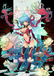 Rule 34 | 1girl, blue hair, boots, breasts, cao-cao, clock, flower, jewelry, long hair, looking at viewer, navel, necklace, original, pendant, short hair, solo, surreal, thighhighs