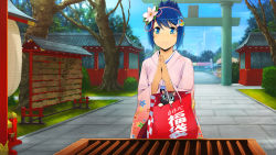 Rule 34 | 1girl, blue eyes, blue hair, blush, cat, closed mouth, day, flower, hair flower, hair ornament, hairband, hairclip, highres, japanese clothes, kimono, long sleeves, madobe nanami, microsoft, os-tan, outdoors, pink flower, pink hairband, pink kimono, short hair, smile, solo, standing, temple, temple gate, torii, updo, wide sleeves