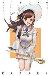 Rule 34 | 10s, 1girl, absurdres, blush, boots, breasts, brown hair, character name, eur, hat, highres, kagari atsuko, knee boots, large breasts, little witch academia, long hair, looking at viewer, open mouth, red eyes, smile, solo, white footwear, white hat, witch hat