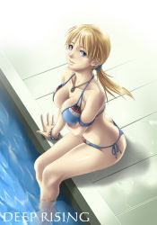 Rule 34 | 1girl, alternate costume, arm support, bikini, blonde hair, blue eyes, bracelet, breast hold, breasts, butt crack, capcom, cleavage, collarbone, demento, downpants, fiona belli, from above, highres, jewelry, large breasts, legs, long hair, long legs, looking up, necklace, parted lips, pendant, ponytail, pool, shiny skin, side-tie bikini bottom, sitting, smile, soaking feet, solo, string bikini, swimsuit, thighs, thor (deep rising), water