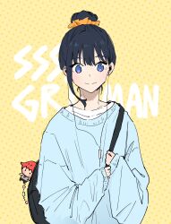 1girl aged_up bag black_hair blue_eyes character_doll charm_(object) earphones gridman_universe gridman_universe_(film) hair_bun hibiki_yuuta highres holding holding_bag long_hair long_sleeves looking_at_viewer red_eyes rixxa_uiu shirt solo takarada_rikka upper_body