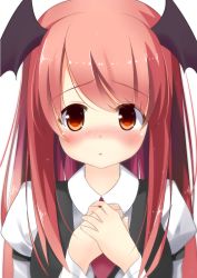 Rule 34 | 1girl, armband, bat wings, blush, dress shirt, hands on own chest, head wings, juliet sleeves, koakuma, koakuma (little devil koa), long hair, long sleeves, looking at viewer, necktie, nose blush, parted lips, puffy sleeves, red eyes, red hair, shirt, simple background, solo, sparkle, touhou, vest, white background, wings