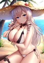 Rule 34 | 1girl, algerie (azur lane), algerie (white sand paradise) (azur lane), azur lane, bangle, bare shoulders, beach, between breasts, bikini, blurry, blush, bracelet, breast hold, breasts, brown hat, cleavage, closed mouth, collarbone, day, depth of field, detached collar, drill hair, flower, hair between eyes, halterneck, hand on own chest, hat, hat flower, head tilt, highres, jewelry, large breasts, leg belt, long hair, looking at viewer, mole, mole under eye, multi-strapped bikini, navel, neck ribbon, outdoors, purple eyes, ribbon, signature, silver hair, sitting, smile, solo, stomach, straw hat, string bikini, sun hat, swimsuit, thighs, twin drills, water, white bikini, wsman