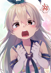 Rule 34 | 1girl, absurdres, anger vein, black neckerchief, blonde hair, blue sailor collar, brown eyes, buttons, clenched hands, crop top, elbow gloves, gloves, highres, kantai collection, long hair, looking at viewer, neckerchief, open mouth, sailor collar, shimakaze (kancolle), solo, spoken anger vein, taisho (gumiyuki), upper body, white background, white gloves