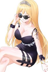 Rule 34 | 1girl, alternate hairstyle, black dress, blonde hair, blue eyes, breasts, cleavage, collarbone, dress, highres, hololive, hololive english, knife sheath, knife sheath, kudiya528, large breasts, long hair, looking at viewer, mole, mole on breast, one eye closed, sheath, smile, sunglasses, tattoo, thigh strap, thighs, tiara, very long hair, virtual youtuber, watch, watson amelia, watson amelia (party dress)