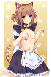 Rule 34 | 1girl, :3, animal ear fluff, animal ears, apron, azuki (nekopara), back bow, barefoot, black skirt, blunt bangs, blush, border, bow, bowtie, breasts, breasts out, brown eyes, brown hair, cat ears, cat girl, cat hair ornament, cat tail, character name, cleavage, cleavage cutout, closed mouth, clothing cutout, commentary, convenient arm, english commentary, frilled apron, frilled skirt, frills, hair ornament, hands up, heart-shaped ornament, kneeling, knees out of frame, llukik, looking at viewer, medium hair, midriff, navel, nekopara, nipples, parted bangs, paw pose, paw print, puffy short sleeves, puffy sleeves, short sleeves, simple background, skirt, slit pupils, small breasts, smile, solo, stomach, straight hair, striped tail, tail, tail raised, twitter username, two side up, waist apron, white apron, white border, white bow, yellow background, yellow bow, yellow bowtie