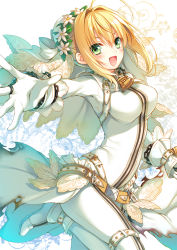 Rule 34 | 10s, 1girl, :d, ahoge, artoria pendragon (fate), belt, blonde hair, blush, boots, chain, fate/extra, fate/extra ccc, fate (series), flower, gloves, green eyes, hair flower, hair ornament, hair ribbon, jewelry, lock, looking at viewer, nero claudius (bride) (fate), nero claudius (fate), nero claudius (fate), open mouth, outstretched arm, padlock, ribbon, ring, saber (fate), short hair, sidelocks, smile, solo, toosaka asagi, torn clothes