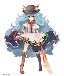 Rule 34 | 10s, 1girl, 2014, annoyed, bad id, bad pixiv id, big hair, blue hair, boots, bow, bowtie, clothes lift, dated, dress, dress lift, flaming sword, flaming weapon, food, fruit, full body, hat, hinanawi tenshi, knee boots, long hair, mochacot, peach, puffy short sleeves, puffy sleeves, red eyes, short sleeves, solo, sword, sword of hisou, touhou, very long hair, weapon, white background