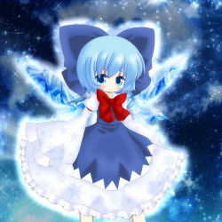 Rule 34 | 1girl, bad id, bad pixiv id, blue dress, blue eyes, blue hair, blush, bow, bowtie, cirno, cocozasa, dress, hair bow, hands in opposite sleeves, highres, long sleeves, matching hair/eyes, red bow, red bowtie, ribbon, shirt, short hair, smile, snowflakes, solo, space, touhou, wings