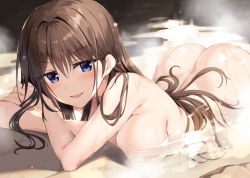 Rule 34 | 1girl, arched back, ass, bath, bathing, blue eyes, boku no kanojo sensei, breasts, brown hair, fujiki maka, large breasts, long hair, looking at viewer, nude, onsen, open mouth, oryo (oryo04), smile, solo, steam, water, wet