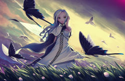 Rule 34 | adjusting hair, armpits, bad id, bad pixiv id, bug, butterfly, cloak, cloud, dress, field, flower, green eyes, insect, kimura daisuke, lipstick, makeup, silver hair, sky, solo, wind