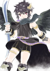 Rule 34 | 1boy, ahoge, angel, angel wings, armlet, bike shorts, black hair, black wings, bow (weapon), commentary request, dark pit, highres, holding, holding bow (weapon), holding weapon, kid icarus, kid icarus uprising, laurel crown, looking at viewer, male focus, nintendo, nopepe, red eyes, solo, weapon, wings