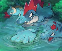 Rule 34 | black eyes, claws, closed mouth, commentary request, creatures (company), croconaw, evolutionary line, feraligatr, game freak, gara (qbeuxvii22), gen 2 pokemon, highres, nintendo, no humans, open mouth, pokemon, pokemon (creature), ripples, swimming, totodile, water