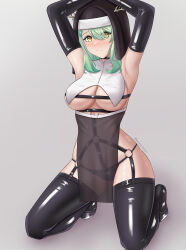 Rule 34 | 1girl, absurdres, antlers, armpits, arms up, azurecruiser, black footwear, black gloves, black thighhighs, blush, breasts, ceres fauna, commentary, elbow gloves, english commentary, garter belt, garter straps, gloves, green hair, habit, highres, hololive, hololive english, horns, large breasts, latex, long hair, looking at viewer, nun, solo, thighhighs, tree horns, underboob, virtual youtuber, yellow eyes