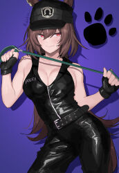 Rule 34 | 1girl, animal ears, artist name, bare shoulders, belt, black belt, black headwear, black pants, black shirt, breasts, brown hair, cleavage, closed mouth, collar, commentary request, contrapposto, cowboy shot, ear ornament, ears through headwear, hair between eyes, highres, holding, holding collar, holding leash, horse ears, horse girl, horse tail, large breasts, leash, long hair, mukakin, multicolored hair, pants, purple background, red eyes, shirt, simple background, sirius symboli (umamusume), sleeveless, sleeveless shirt, smile, solo, streaked hair, tail, umamusume, very long hair, white hair