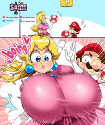 Rule 34 | 1boy, 1girl, absurdres, blonde hair, blue background, blue eyes, breast expansion, breasts, brown hair, closed eyes, closed mouth, comic, constricted pupils, crown, dress, earrings, eating, elbow gloves, facial hair, gloves, highres, huge breasts, jewelry, lips, long hair, mario, mario (series), mushroom, mustache, nintendo, open mouth, pink background, pink dress, pink lips, princess peach, puffy short sleeves, puffy sleeves, sasa tseng, short sleeves, sphere earrings, super mushroom, surprised, the super mario bros. movie, twitter logo, white background, white gloves