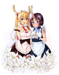 Rule 34 | 10s, 2girls, :d, agnam ore, alternate costume, apron, bad id, bad pixiv id, bare shoulders, blonde hair, blue eyes, blush, breasts, detached collar, elbow gloves, elma (maidragon), embarrassed, enmaided, fang, flower, flower request, gloves, hand on another&#039;s shoulder, heart, heart hands, heart hands duo, highres, horn ornament, horn ribbon, horns, kobayashi-san chi no maidragon, large breasts, lily (flower), long hair, looking at viewer, maid, maid headdress, multiple girls, necktie, open mouth, orange eyes, purple hair, ribbon, ribbon-trimmed gloves, ribbon trim, short hair, simple background, single horn, sleeveless, smile, tintin, tohru (maidragon), waist apron, white background, white gloves, wrist cuffs