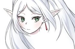 Rule 34 | 1girl, blush, closed mouth, delfuze, earrings, frieren, green eyes, grey hair, jewelry, pale skin, pointy ears, portrait, simple background, solo, sousou no frieren, twintails, white background